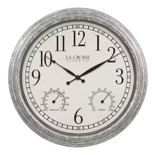La Crosse Clock Analog Wall Clock Silver Quartz Movement Glass Lens 14 In. Wide