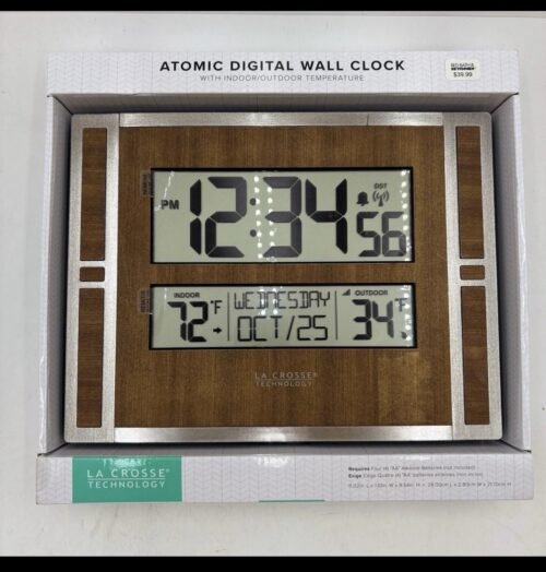 La Crosse Digital Atomic Clock Full Calendar Extra Large Display Walnut Modern