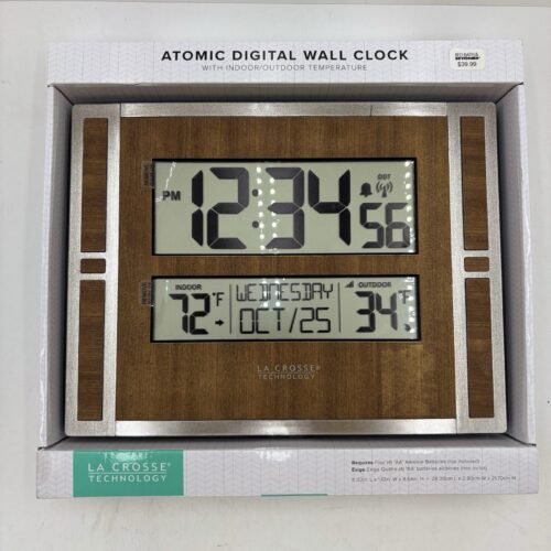 La Crosse Digital Atomic Clock Full Calendar Extra Large Display Walnut Modern