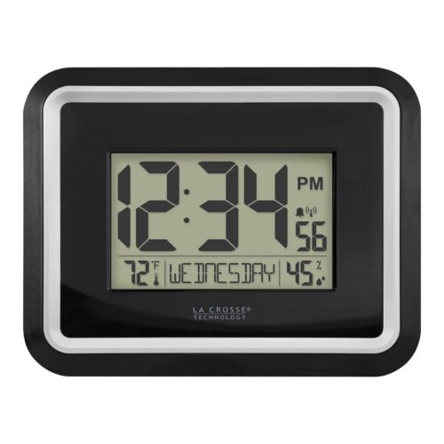 La Crosse Technology Black Modern Atomic Digital Clock with Temp and Calendar