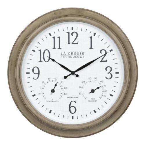 La Crosse Technology Wall Clock w/ Temp+Humidity 18" Atomic Analog Round Tan