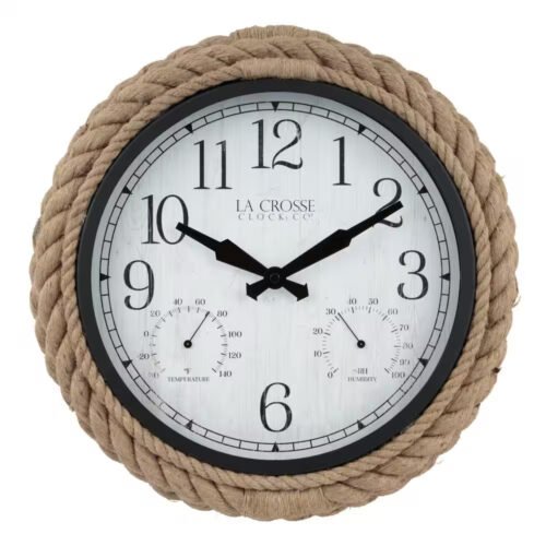 La Crosse Wall Clock 14" Indoor/Outdoor Rope Analog Quartz Weather-Resistant