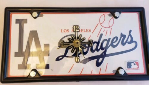 LA Dodgers Aluminum Clock Black License Plate Shape Vintage 1990's