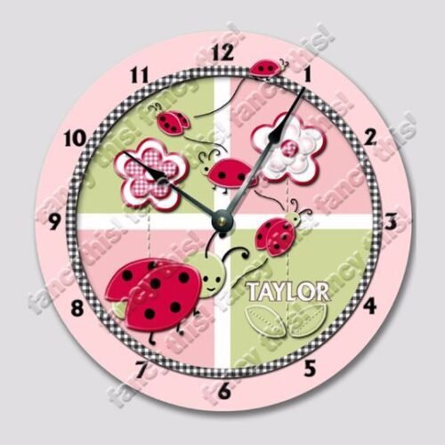 LADY BUG Large Wall Clocks Pink Green Personalized Children's Room Decor 7429