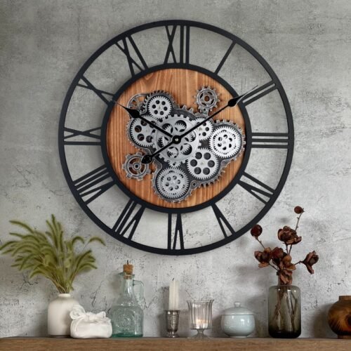 Lafocuse 23 Inch Wooden Large Wall Clock with Moving Gears Roman Numeral Moving