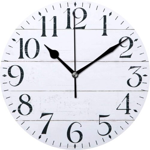 LANEABUY Vintage Country Rustic White Farmhouse Wall Clock 12 Inch Silent Non...
