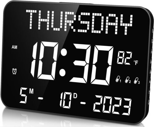 Large 11.2" Digital Wall Clock w/ Remote, Alarms, Calendar & Temp Display