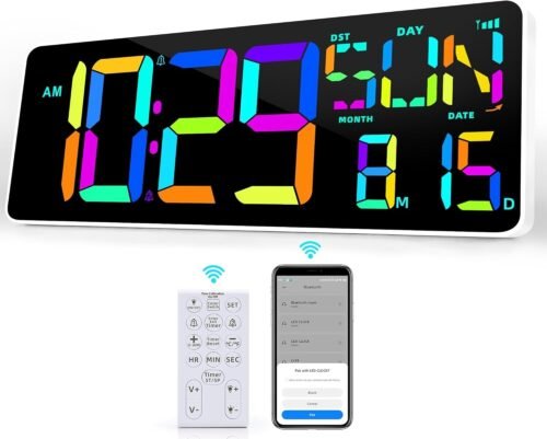 Large 13.7" LED Digital Wall Clock RGB Color Changing w/ Remote Control Bluetoot