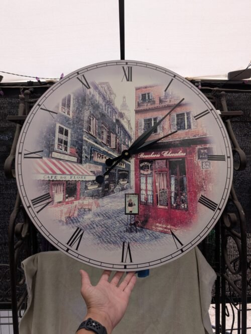 Large 24" Wood Wall Clock With French Cityscape Illustration