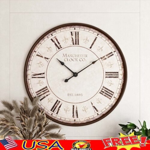 Large 30 Inch Iron Wall Clock W/ Roman Numerals Fleur de Lis Design Home Decor