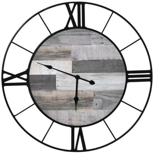 Large 32 inch Roman Numeral Wall Clock Black Metal with Grey Wood Interior