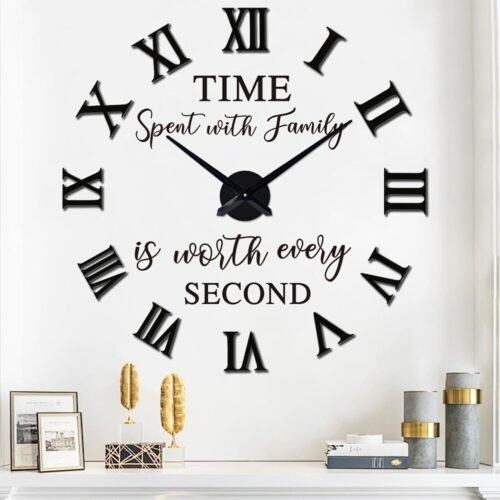 Large 3D DIY Wall Clock, Giant Roman Numerals Clock Frameless Mirror Big Wall Cl