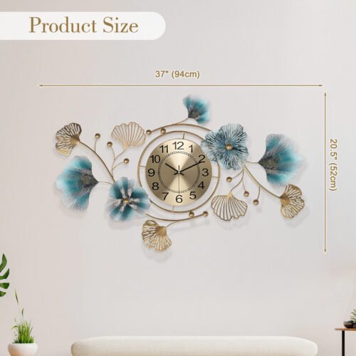Large 3D Silent Wall Clock Metal Ginkgo Leaf Wall Decoration for Living Room