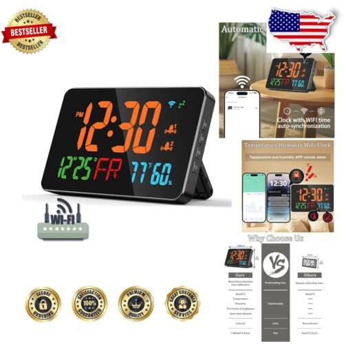 Large 7.48" Smart WiFi Atomic Clock with Dual Alarms & Adjustable Brightness