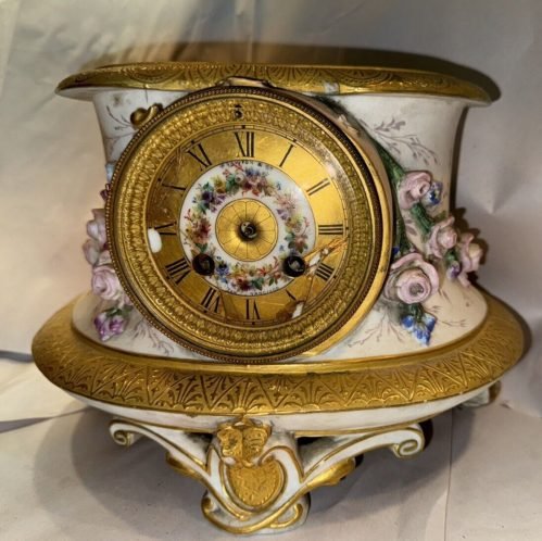 Large Antique Meissen Style Floral Porcelain Mantel Clock