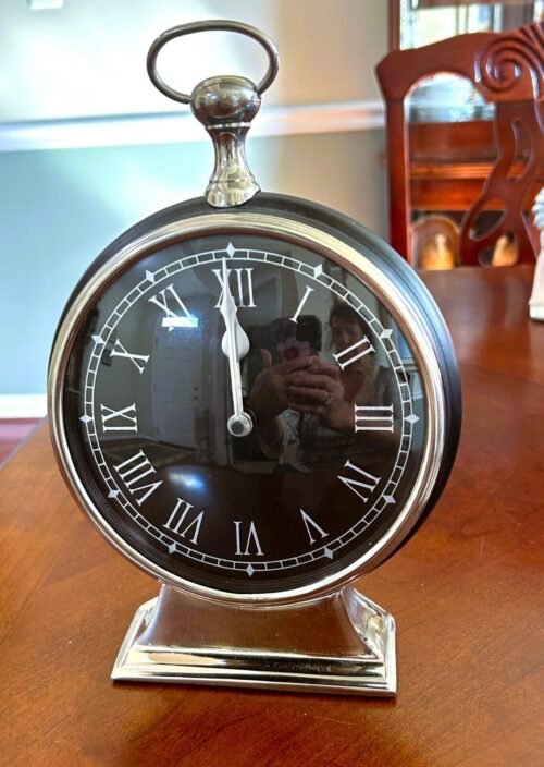 Large Black and Silver Tabletop Clock Pocket Watch 9.5"
