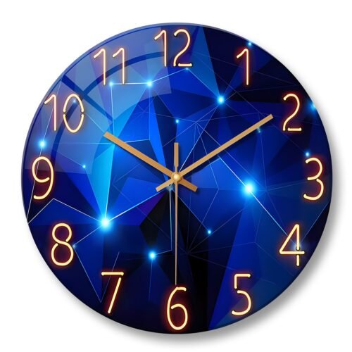 Large blue tempered glass wall clock, 12-24 inches, for living room decoration.