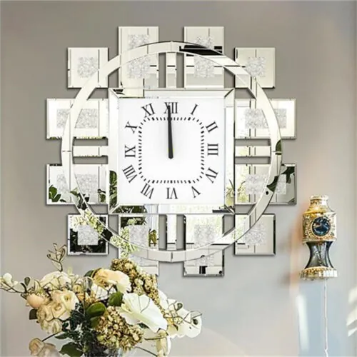 Large Crystal Wall Clock 3D Crush Diamond Inlaid Mirrored Clock Accent Home Dec