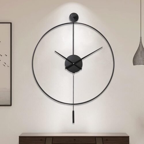 Large Decorative Metal Wall Clock with Pendulum Modern Non-Ticking Silent Black