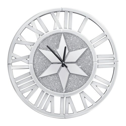 Large Diamond Crush Silver Crystal Sparkly Mirrored Round Wall Clock 60x60cm
