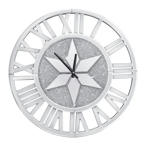 Large Diamond Crush Silver Crystal Sparkly Mirrored Round Wall Clock 60x60cm