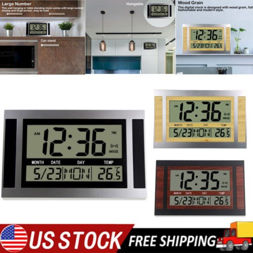Large Digital LCD Display Wall Clocks Calendar Day Month Year Temperature Meter