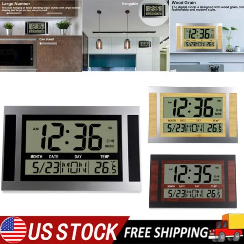 Large Digital LCD Display Wall Clocks Calendar Day Month Year Temperature Meter
