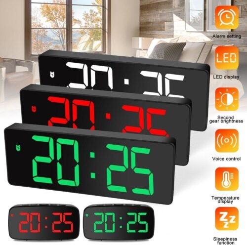 Large Digital LED Display Alarm Clock Snooze Temperature Mode Voice Control