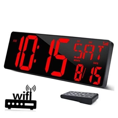 Large Digital Wall Clock WiFi Sync, 16.5 in Large Display Wall Clock with Red