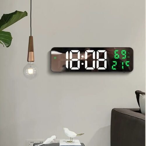 Large Digital Wall Clock With Temperature, Night Mode Mirror Style LED Alarm