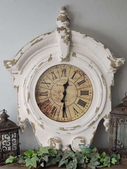 Large Distressed Antique White Vintage Victorian Carved Decorative Wall Clock