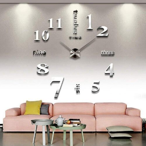 Large DIY 3D Frameless Silver Wall Clock – Oversized Modern Decor for Living Roo