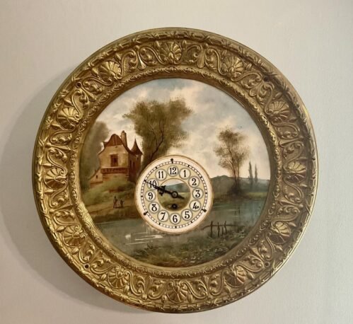 Large Dutch Wall Clock 18.5” Antique Porcelain Plate Embossed Brass Working