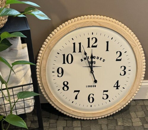 Large Farmhouse Wall Clock Cottage Room Decor 24 in Round Carved Beaded Wood