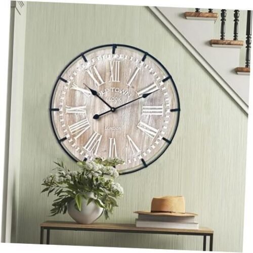 Large Farmhouse Wall Clock, Rustic Antique Wood with Metal Circle 24 Inch Brown