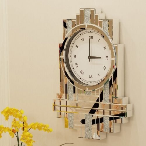 Large Glamorous Crystal Crush Diamond Wall Clock Beveled Glass Mirror Fireplace