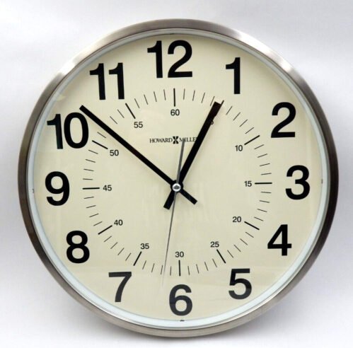LARGE HOWARD MILLER STAINLESS STEEL ANALOG WALL CLOCK ~ MODEL 625-207