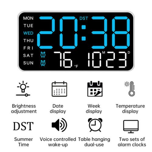 Large Jumbo Digital LED Wall Clock Alarm Clock Calendar Temperature Date Dimmer