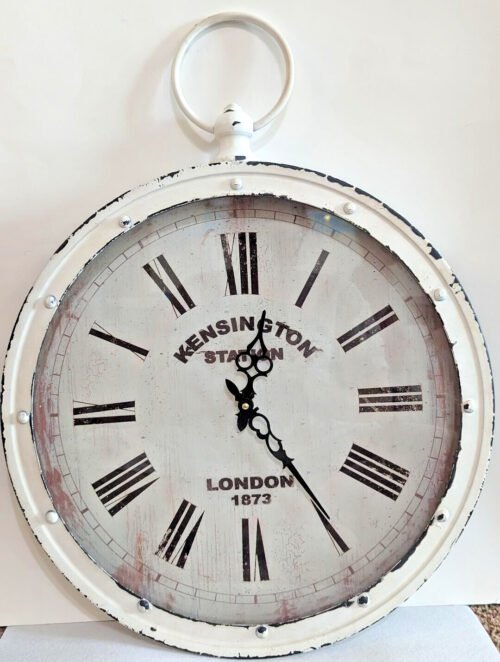 Large Kensington Station 1873 Wall Clock with Distressed White Metal Frame