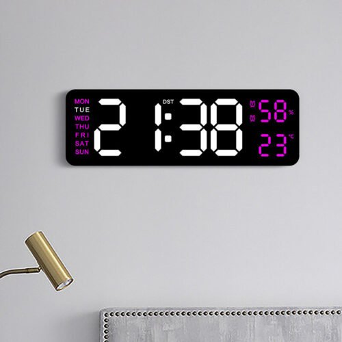 Large LED Digital Wall Clock w/Calendar, Date, Temperature Display - 12/24H