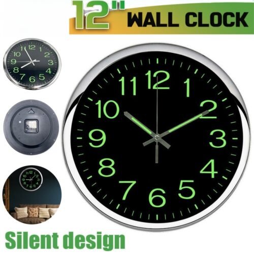 Large Modern Battery Wall Clock Luminous Glow Night Lights Quartz Silent 12''