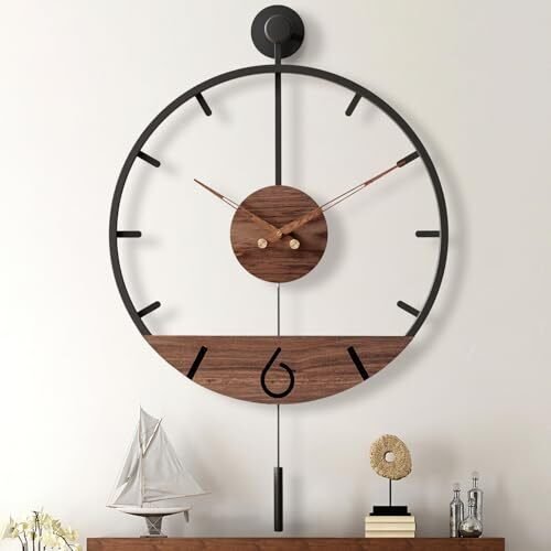 Large Modern Decorative Pendulum Wall Clock,Big Metal 34.6×24 Inch Black