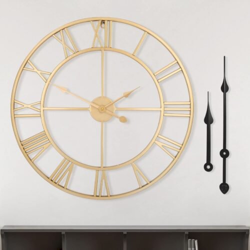 Large Modern Wall Clocks,18" Gold Metal,Rustic,Round,Silent Non Ticking,Batte...