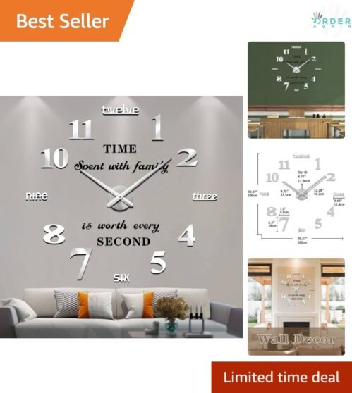 Large Modern Wall Clock With Mirror Numbers Frameless Indoor Living Room Decor