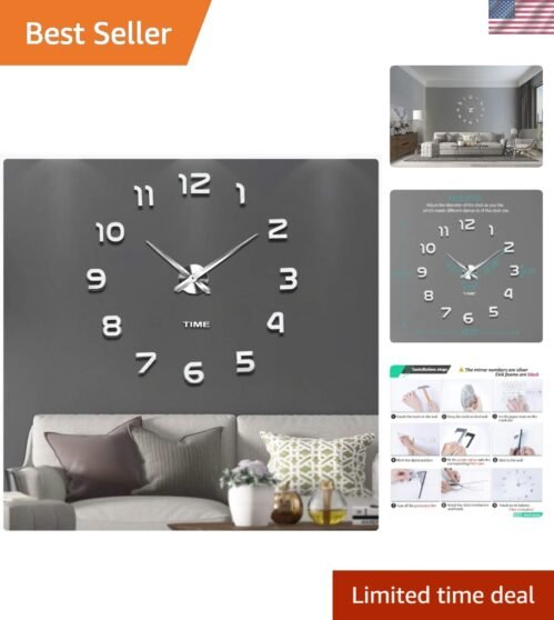 Large Mute Frameless Wall Clock - DIY Customizable 3D Design for Living Spaces