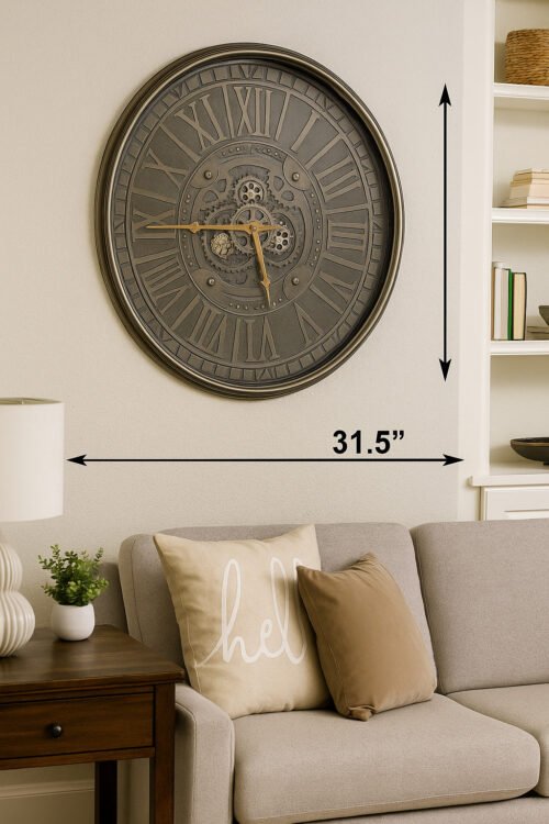 Large Roman Numeral Dial Antiqued-Bronze Wall Clock with Visible Moving Gears