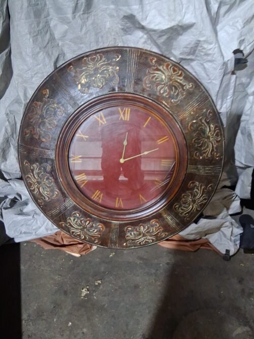 large, round wall clock with a distressed or antique 4ft Tall Burgundy Batt Oper