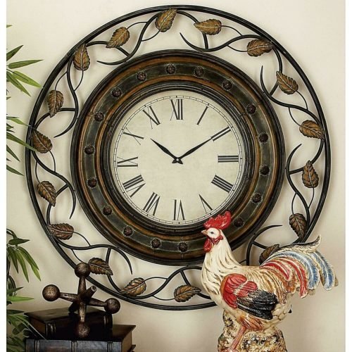 Large Rustic Round Wall Clock Scrolled Leaves Metal Frame Roman Numerals 36" Dia