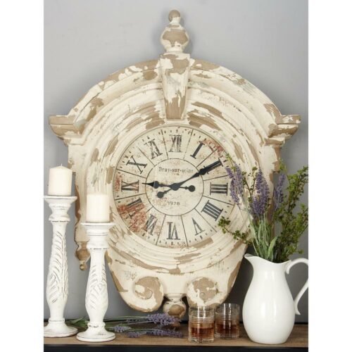 Large Rustic Vintage Whitewashed Wall Clock Distressed Carved Wood Roman Numeral