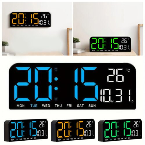 Large Screen Digital Wall Clock Brightness Adjustable Temperature Calendar Alarm